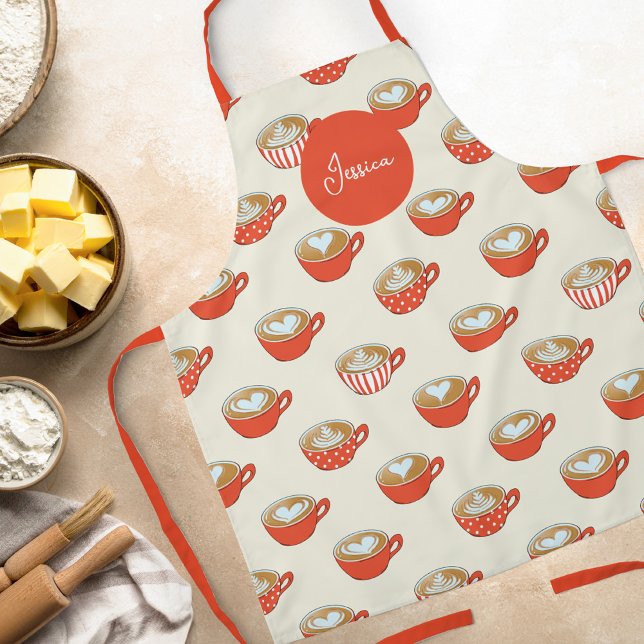 Delantal Arte de latte lindo en el patrón de tazas de café  (Red Latte Art Pattern Apron with custom name)