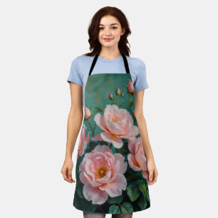 Delantal Arte de peonías rosadas sobre verde esmeralda