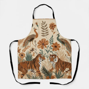 Delantal arte exótico de tigres y pavos  floral bohemio