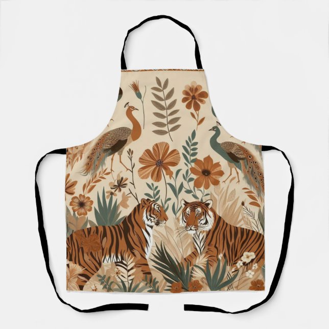 Delantal arte exótico de tigres y pavos  floral bohemio (Anverso)