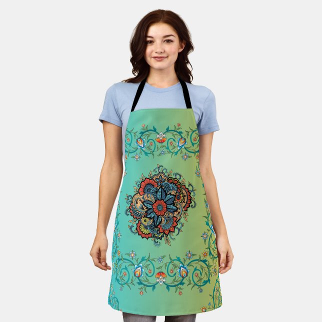 Delantal Arte Floral Verde Mehndi, Elegancia Inmaculada (Gastado)