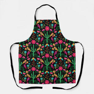 Delantal Arte Folclórico Floral Tradicional Mexicano Negro