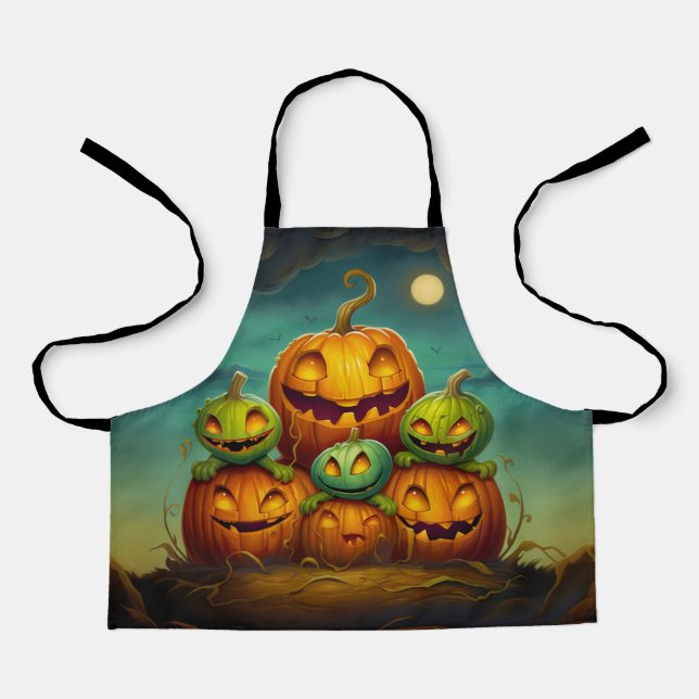 Delantal Asustados monstruos de calabaza verde Halloween (Anverso)