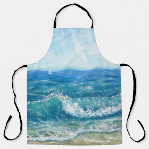 Delantal Ataque de verano, olas azules, pintura acrílica.