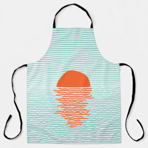 Delantal Atardecer en el océano - fondo a rayas. ilustracio