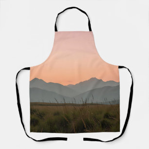 Delantal Atardecer Sereno Rosa Montañas Paisaje Hierba Silv
