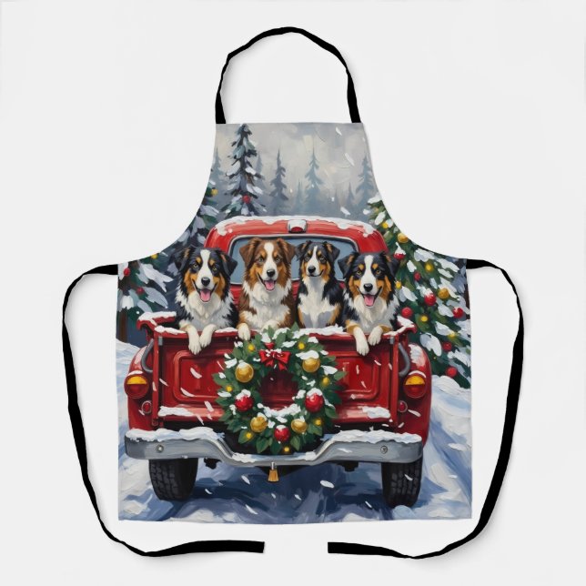 Delantal Australian Shepherd Christmas Red Truck Holiday (Anverso)
