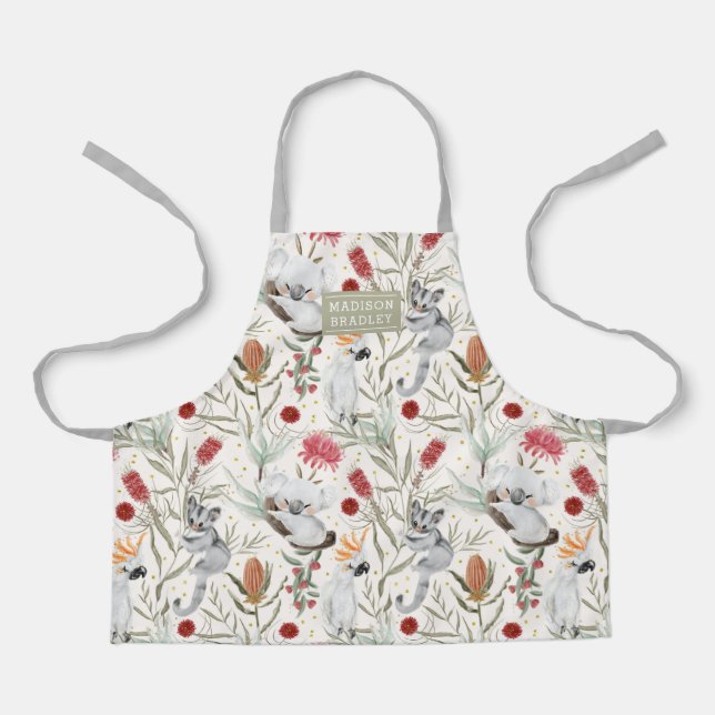 Delantal Australiana Koala Cockatoos Proteas Personalizadas (Anverso)