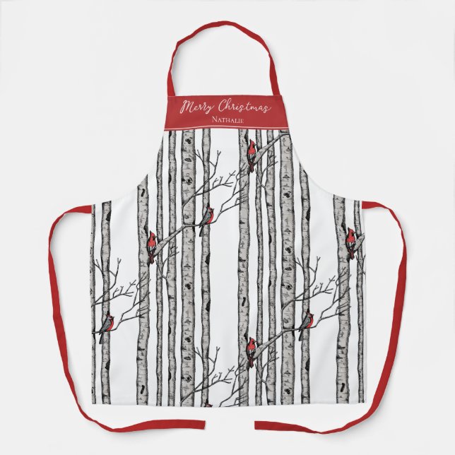 Delantal Ave Birch del cardenal de navidad rojo y blanco (Anverso)