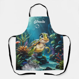 Delantal Aventuras submarinas con la alegre tortuga.