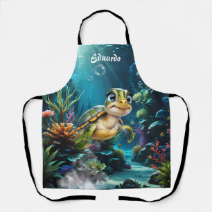 Delantal Aventuras submarinas con la alegre tortuga.