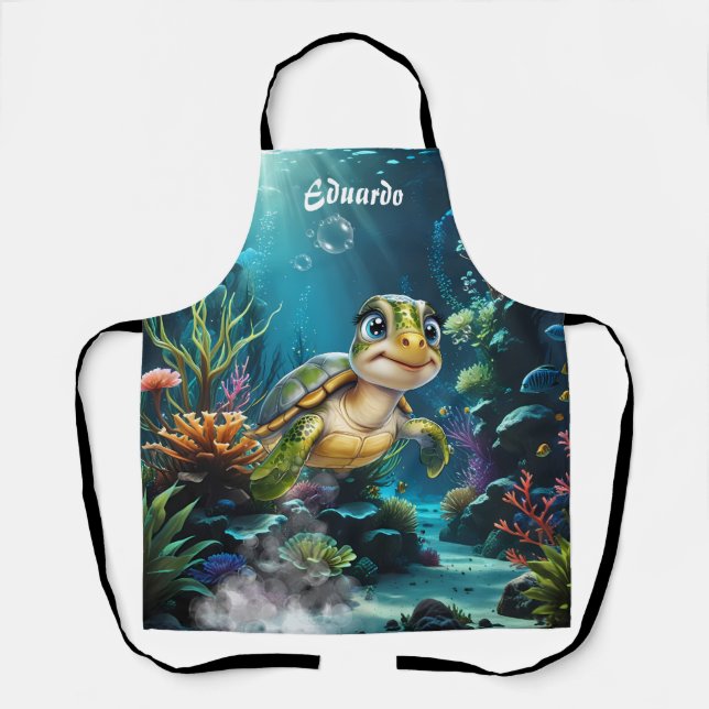 Delantal Aventuras submarinas con la alegre tortuga. (Anverso)