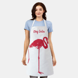 Delantal Aves antiguas, un flamenco rosa con una pata levan