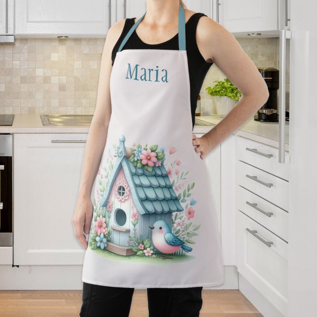 Delantal Aves azules y rosas dulces personalizadas (Sweet Blue and Pink Birdhouse Personalized Apron
)