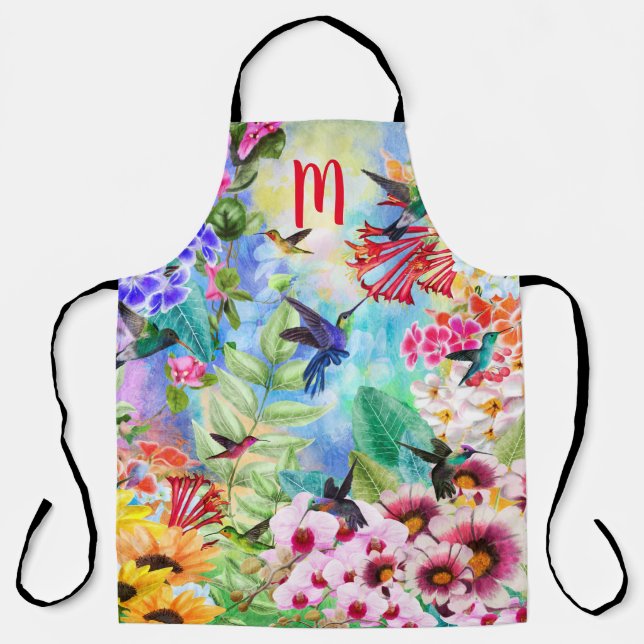 Delantal Aves monogramadas con flores (Anverso)