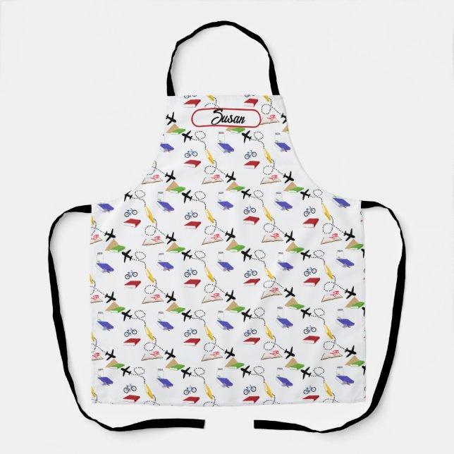 Delantal Avión Bicicletas Libros Rojo Azul Amarillo Viaje (Anverso)