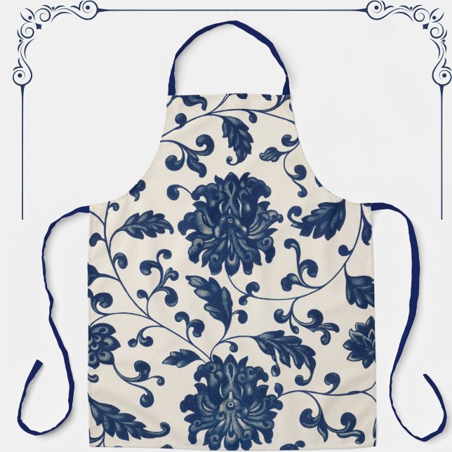 Delantal Azul botánico vintage + Patrón floral blanco (This beautiful blue + creamy white vintage floral pattern apron makes a great gift!)