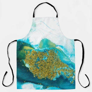 Delantal Azul con purpurina dorado arte fluido, creativo ab