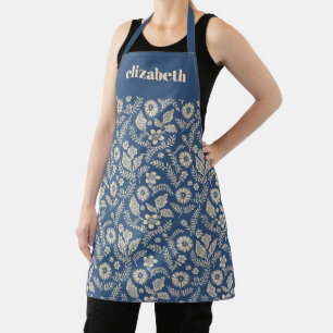 Delantal Azul Crema Floral Botánico Nombre Personalizado Bo