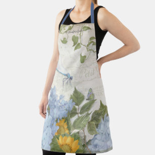 Delantal Azul floral amarillo girasol Hidrangea con libélul