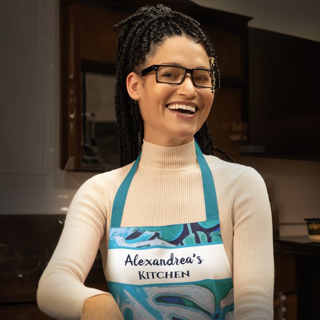 Delantal Azul Floral Azul Azul Azul Azul Botánico Personali (Blue Floral Watercolor Botanical Blue Personalize Apron is great to wear with your name.)