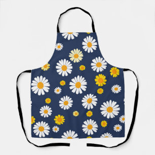 Delantal Azul Marino Amarillo Floral Simple Patrón Retro de