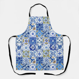 Delantal Azul mediterráneo, blanco y amarillo acuarela