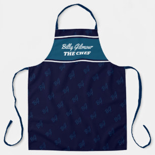 delantal azul oscuro moderno con nombre de chef