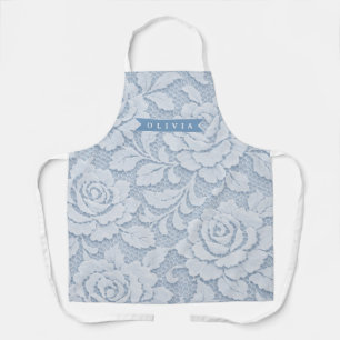 Delantal Azul Personalizado de Encaje Floral Elegante Román