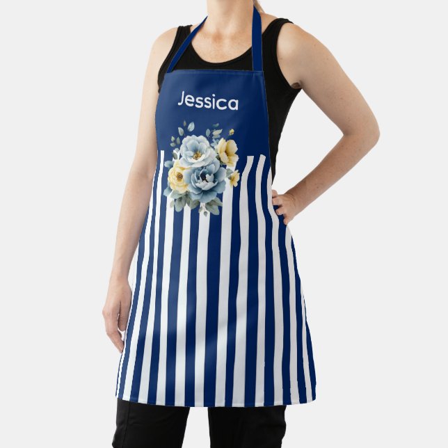Delantal Azul superior con franjas blancas floral (in situ)