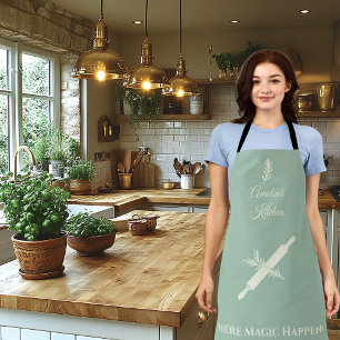 Delantal Azul turbio con barniz rodante crema y diseño de h