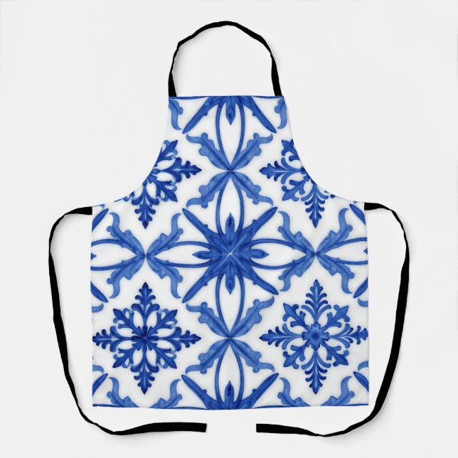 Delantal Azulejo de baldosas Floral Azul Blanco Patrón (Anverso)