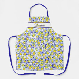 Delantal Azulejo de nombre monograma limón azul estilo fran
