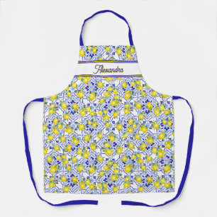 Delantal Azulejo de nombre monograma limón azul estilo fran