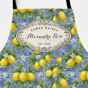 Delantal Azulejo de País Francés Limón Azul con Nombre Mono