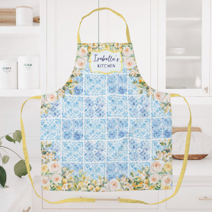 Delantal Azulejos Azules Mediterráneos Flor Limón Personali