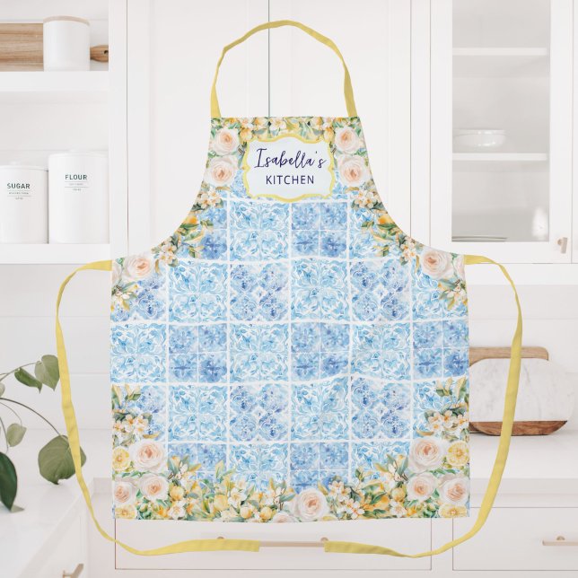 Delantal Azulejos Azules Mediterráneos Flor Limón Personali (Subido por el creador)
