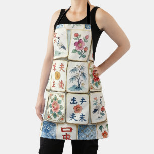 Delantal Azulejos de Chinoiserie Mahjong Flores Acuarela Pá