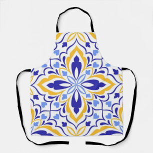 Delantal Azure Elegance Blue and Gold Floral Mosaic