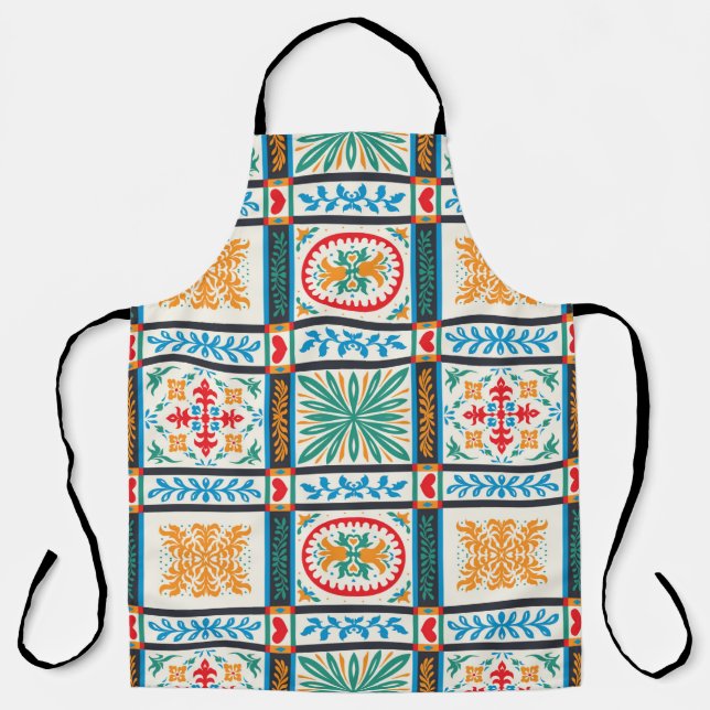 Delantal Baldosa de mayólica italiana. Bordados con flores  (Anverso)