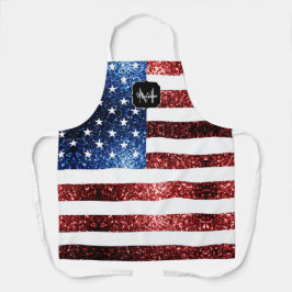Delantal Bandera de Estados Unidos azul brillante purpurina