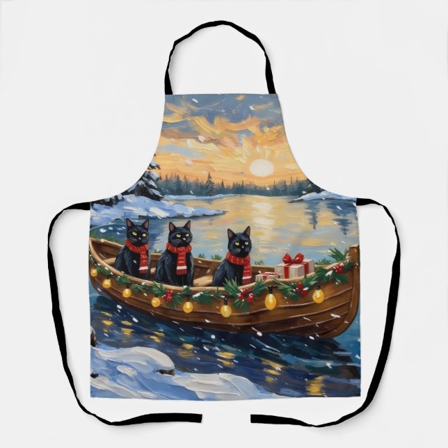 Delantal Barco de Navidad de Gato Negro Fiesta (Anverso)