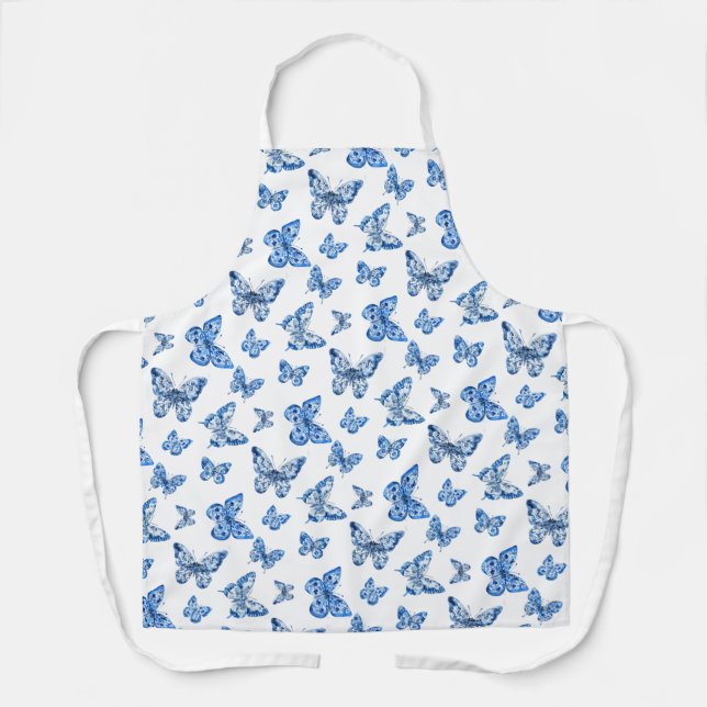 Delantal Barriadas de Chinoiserie Azul Mariposas Blancas (Anverso)