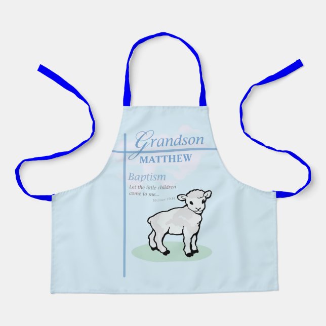 Delantal Bautismo de nieto Cordero de niño azul personaliza (Anverso)