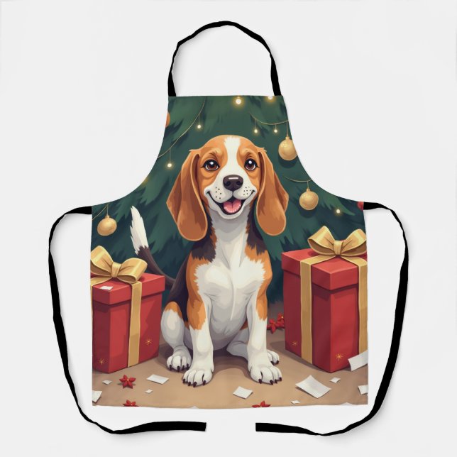 Delantal Beagle Christmas Morning Gift-Unboxing Painting (Anverso)