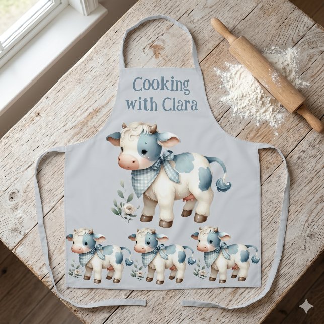 Delantal Bebé Vaca de Cuadros Azules Estética Pastel de Gra (Blue Gingham Baby Cow Pastel Farm Aesthetic Apron)