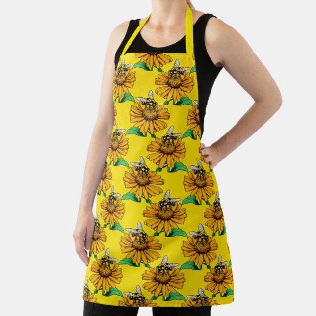 Delantal Bee on Sunflower Flower Pattern Design Yellow  (Subido por el creador)