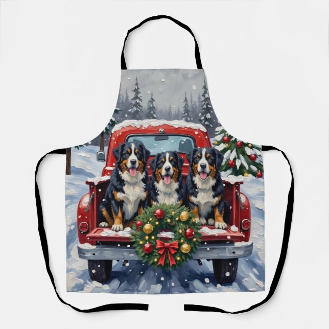 Delantal Bernese Mountain Dog Christmas Red Truck Holiday (Anverso)