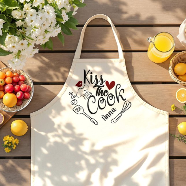 Delantal besar al cocinero personalizado (kiss the cook aprons father grilling bbq cooking chef dad gifts ideas funny quote lips heart kitchen)