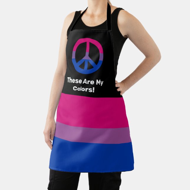Delantal Bi pride flag and peace sign with a custom text (in situ)